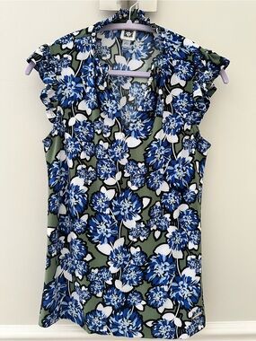 Anne Klein Blue and Olive Floral Ruffle Sleeve Top Small